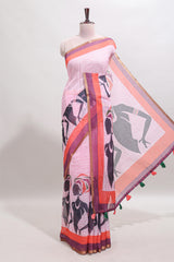 Light pink artistic traditional tribal print linen cotton saree with contrast border and striped blouse