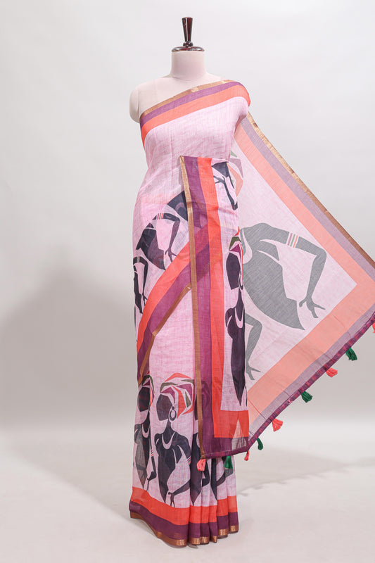 Light pink artistic traditional tribal print linen cotton saree with contrast border and striped blouse