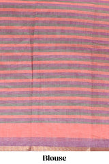 Light pink artistic traditional tribal print linen cotton saree with contrast border and striped blouse