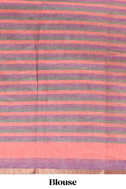 Light pink artistic traditional tribal print linen cotton saree with contrast border and striped blouse