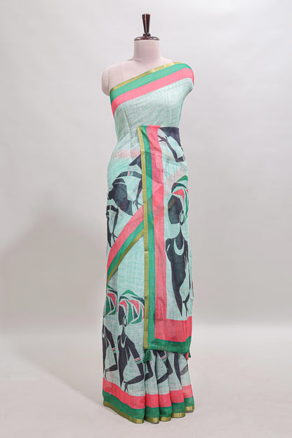 Light green artistic traditional tribal print linen cotton saree with contrast border and striped blouse