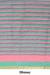 Light green artistic traditional tribal print linen cotton saree with contrast border and striped blouse