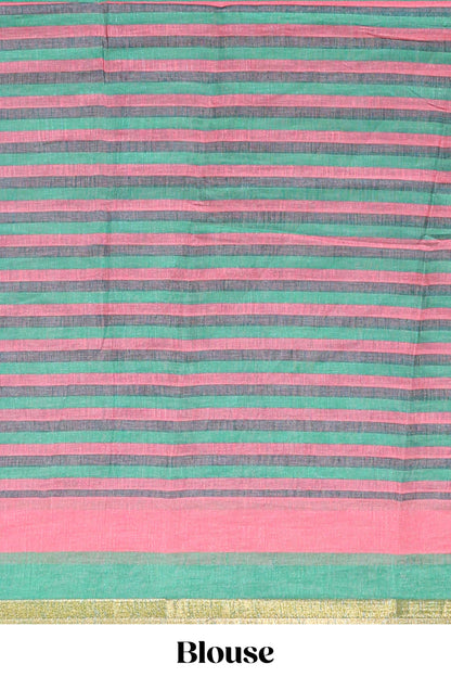 Light green artistic traditional tribal print linen cotton saree with contrast border and striped blouse