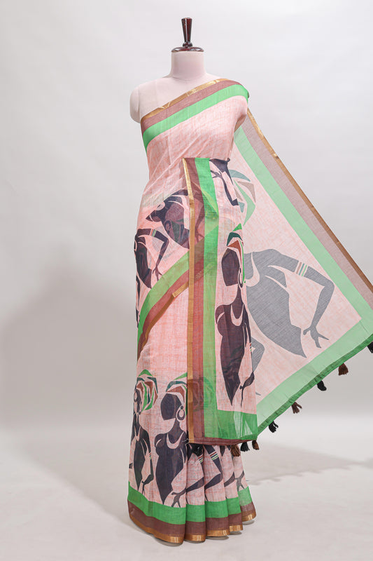 Light brown artistic traditional tribal print linen cotton saree with contrast border and striped blouse