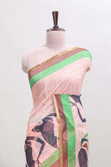 Light brown artistic traditional tribal print linen cotton saree with contrast border and striped blouse