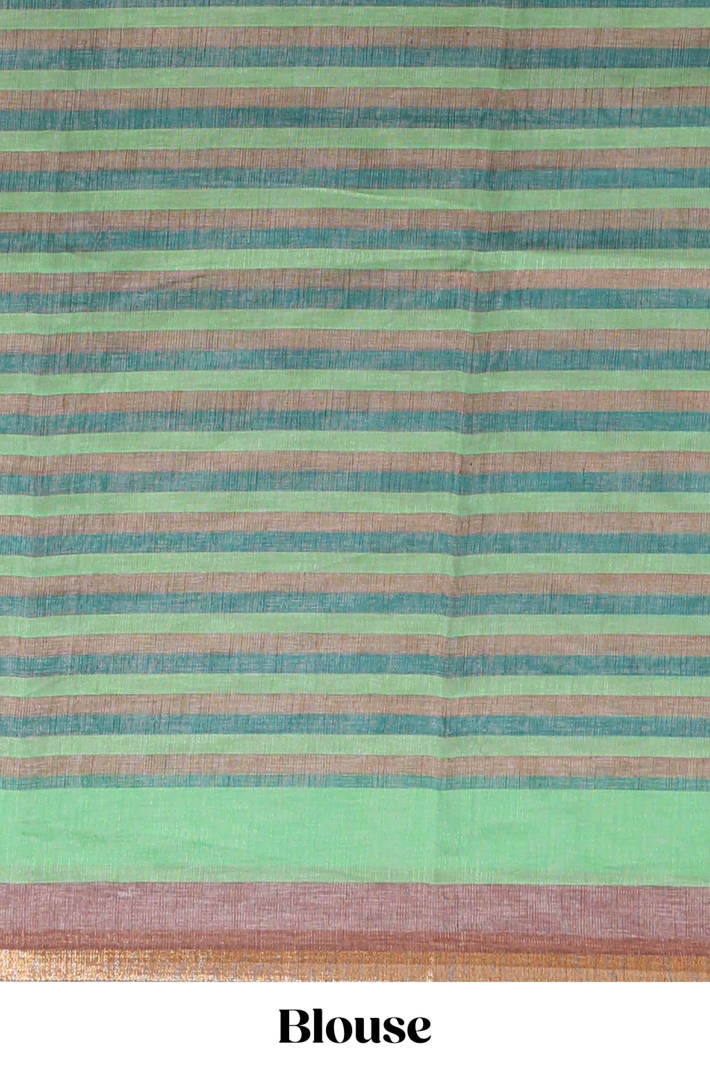 Light brown artistic traditional tribal print linen cotton saree with contrast border and striped blouse