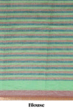 Light brown artistic traditional tribal print linen cotton saree with contrast border and striped blouse