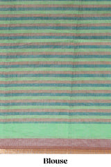 Light brown artistic traditional tribal print linen cotton saree with contrast border and striped blouse