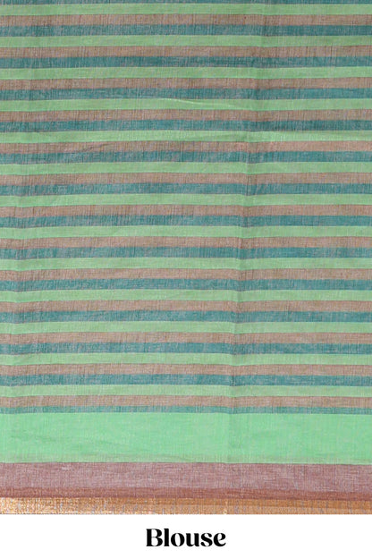 Light brown artistic traditional tribal print linen cotton saree with contrast border and striped blouse