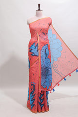 Orange floral design linen cotton saree with self zari border and contrast blouse