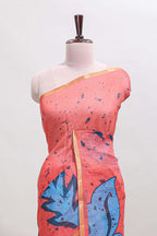 Orange floral design linen cotton saree with self zari border and contrast blouse