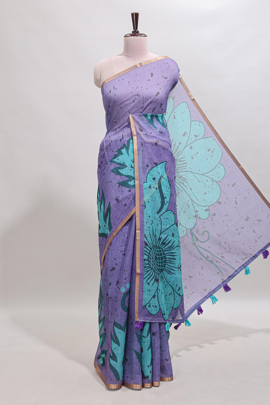 Lavender floral design linen cotton saree with self zari border and contrast blouse
