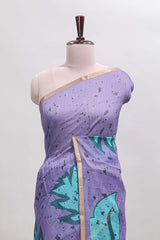 Lavender floral design linen cotton saree with self zari border and contrast blouse
