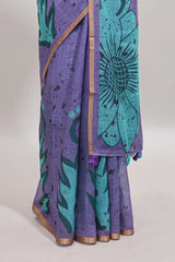 Lavender floral design linen cotton saree with self zari border and contrast blouse