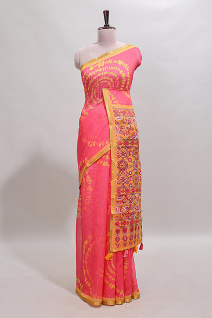 Pink shibori design linen cotton saree with contrast zari border and printed blouse
