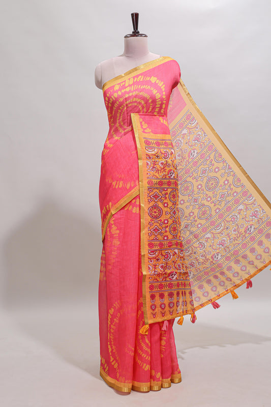 Pink shibori design linen cotton saree with contrast zari border and printed blouse