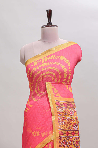 Pink shibori design linen cotton saree with contrast zari border and printed blouse