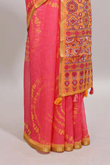 Pink shibori design linen cotton saree with contrast zari border and printed blouse
