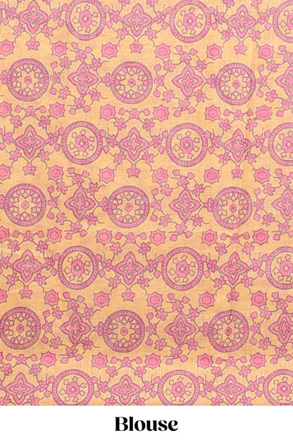 Pink shibori design linen cotton saree with contrast zari border and printed blouse