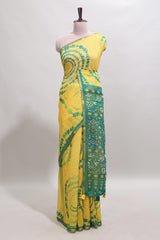 Yellow shibori design linen cotton saree with contrast zari border and printed blouse