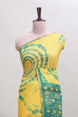Yellow shibori design linen cotton saree with contrast zari border and printed blouse