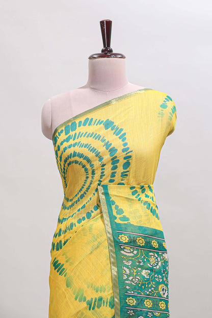 Yellow shibori design linen cotton saree with contrast zari border and printed blouse