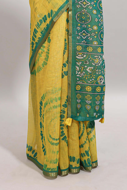Yellow shibori design linen cotton saree with contrast zari border and printed blouse