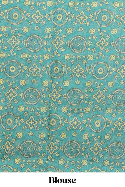 Yellow shibori design linen cotton saree with contrast zari border and printed blouse