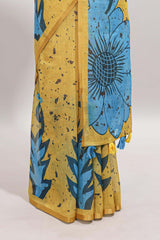 Yellow floral design linen cotton saree with self zari border and contrast blouse