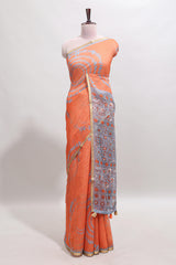 Orange shibori design linen cotton saree with contrast zari border and printed blouse