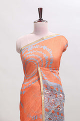 Orange shibori design linen cotton saree with contrast zari border and printed blouse