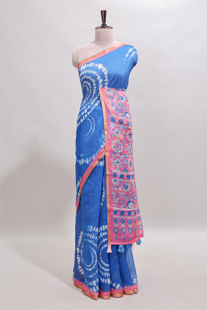 Blue shibori design linen cotton saree with contrast zari border and printed blouse