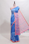 Blue shibori design linen cotton saree with contrast zari border and printed blouse