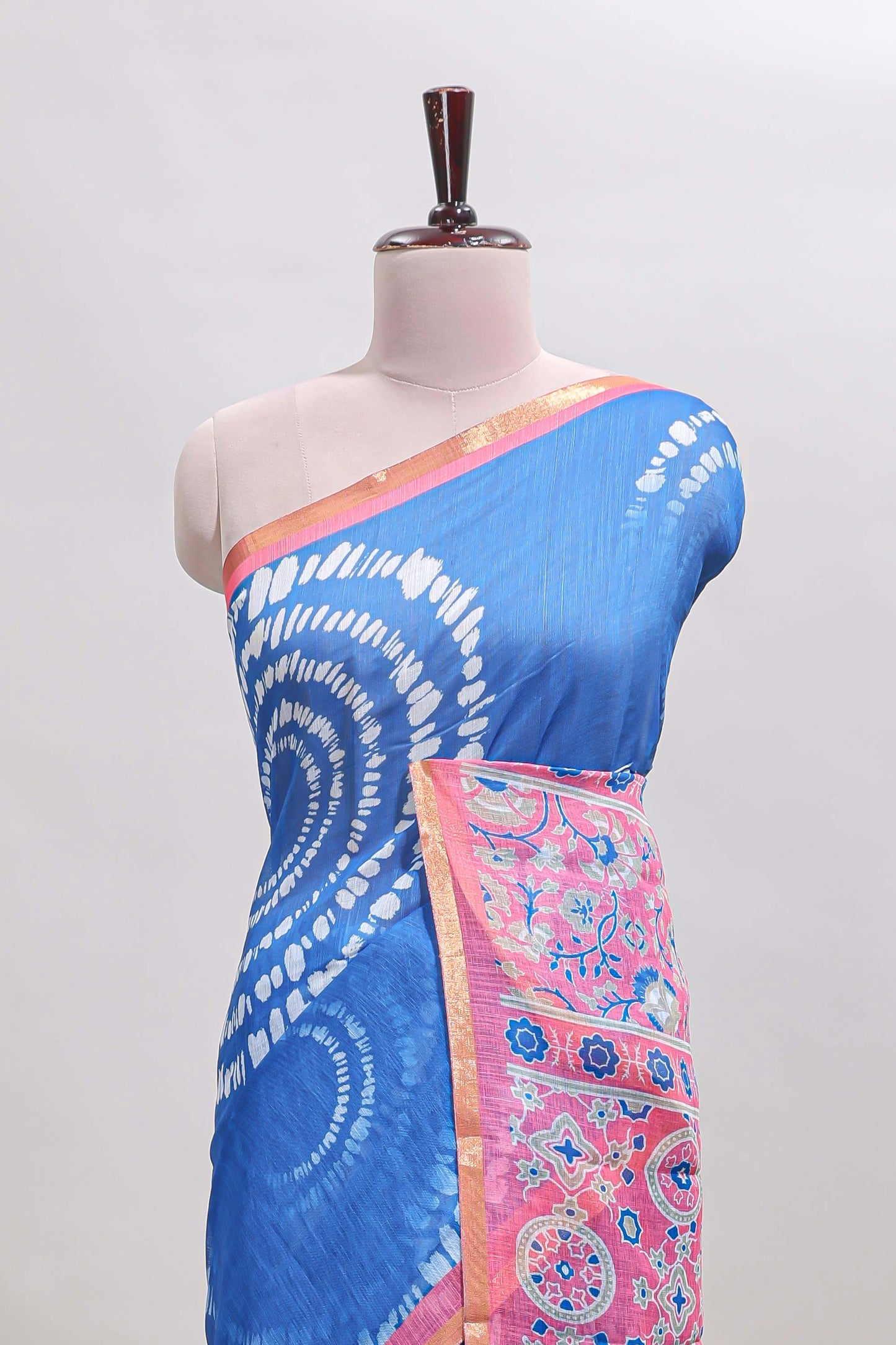 Blue shibori design linen cotton saree with contrast zari border and printed blouse