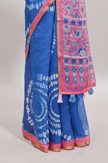 Blue shibori design linen cotton saree with contrast zari border and printed blouse