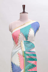 Cream ikkat style linen cotton saree with self zari border and contrast blouse