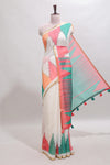 Cream ikkat style linen cotton saree with self zari border and contrast blouse