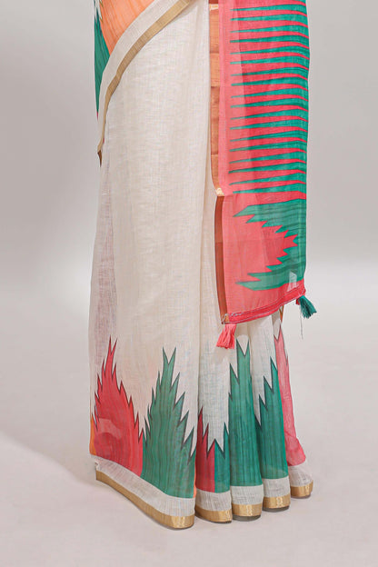 Cream ikkat style linen cotton saree with self zari border and contrast blouse