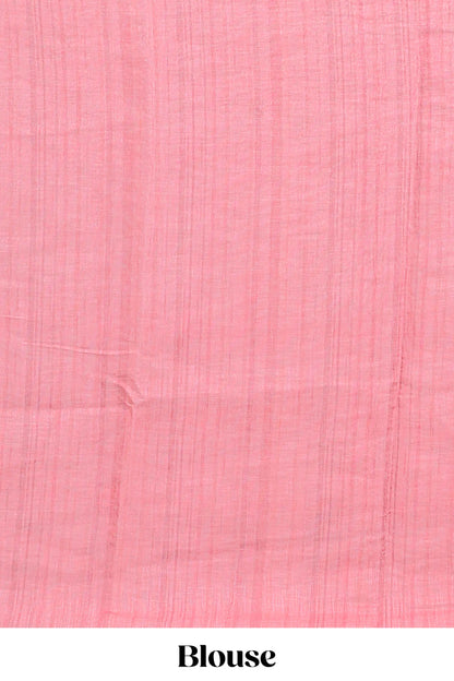 Cream ikkat style linen cotton saree with self zari border and contrast blouse