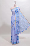 Blue nazar print design linen cotton saree with self zari border and contrast blouse