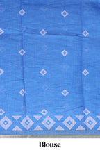 Blue nazar print design linen cotton saree with self zari border and contrast blouse