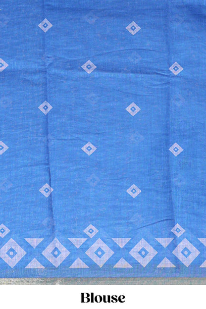 Blue nazar print design linen cotton saree with self zari border and contrast blouse