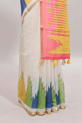 Cream ikkat style linen cotton saree with self zari border and contrast blouse