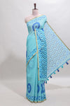 Turquiose green nazar print motifs design linen cotton saree with self zari border and contrast blouse