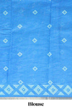 Turquiose green nazar print motifs design linen cotton saree with self zari border and contrast blouse