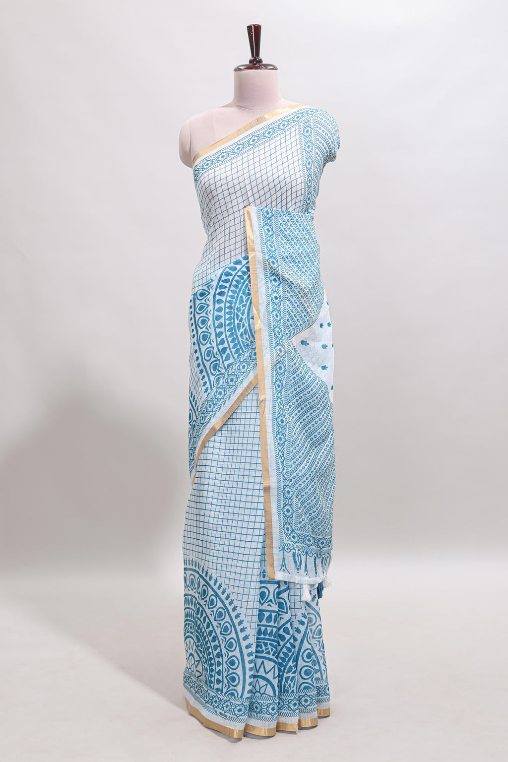 White checked mandala art design linen cotton saree with self zari border and matching blouse