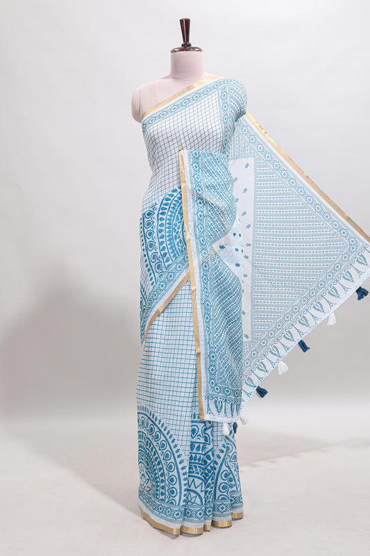 White checked mandala art design linen cotton saree with self zari border and matching blouse