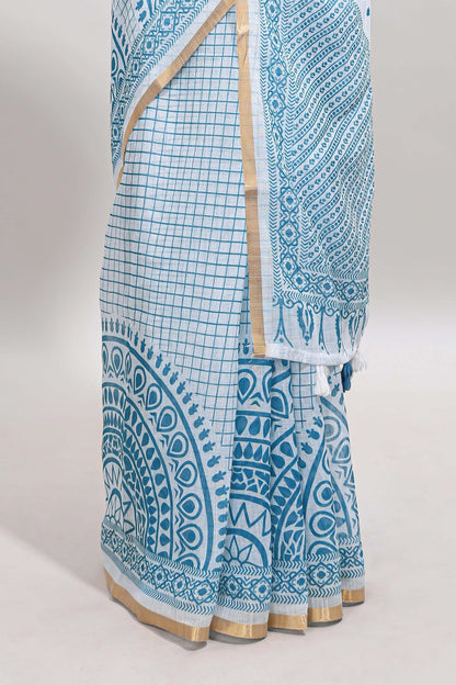 White checked mandala art design linen cotton saree with self zari border and matching blouse