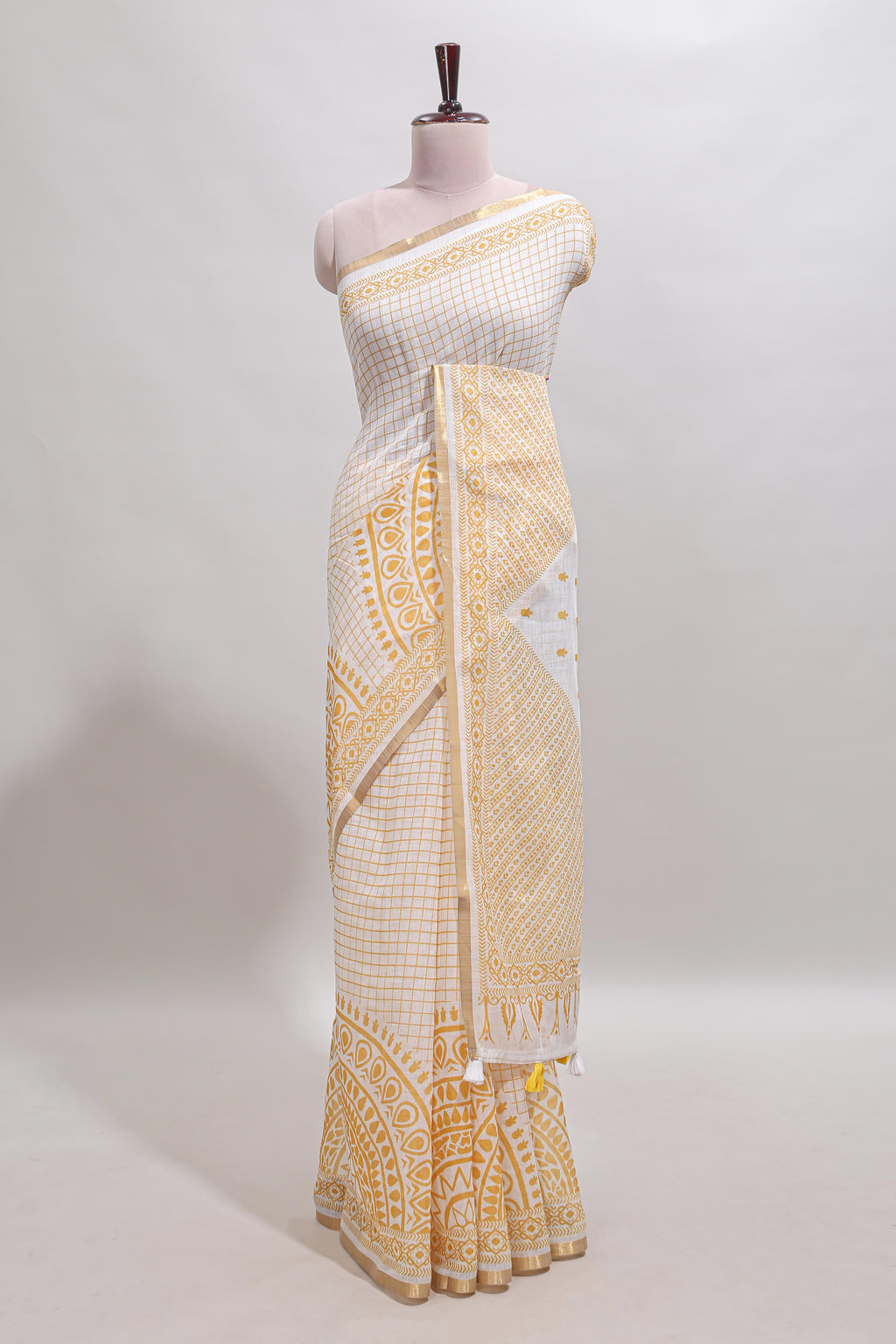 White checked mandala art design linen cotton saree with self zari border and matching blouse