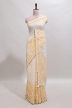 White checked mandala art design linen cotton saree with self zari border and matching blouse